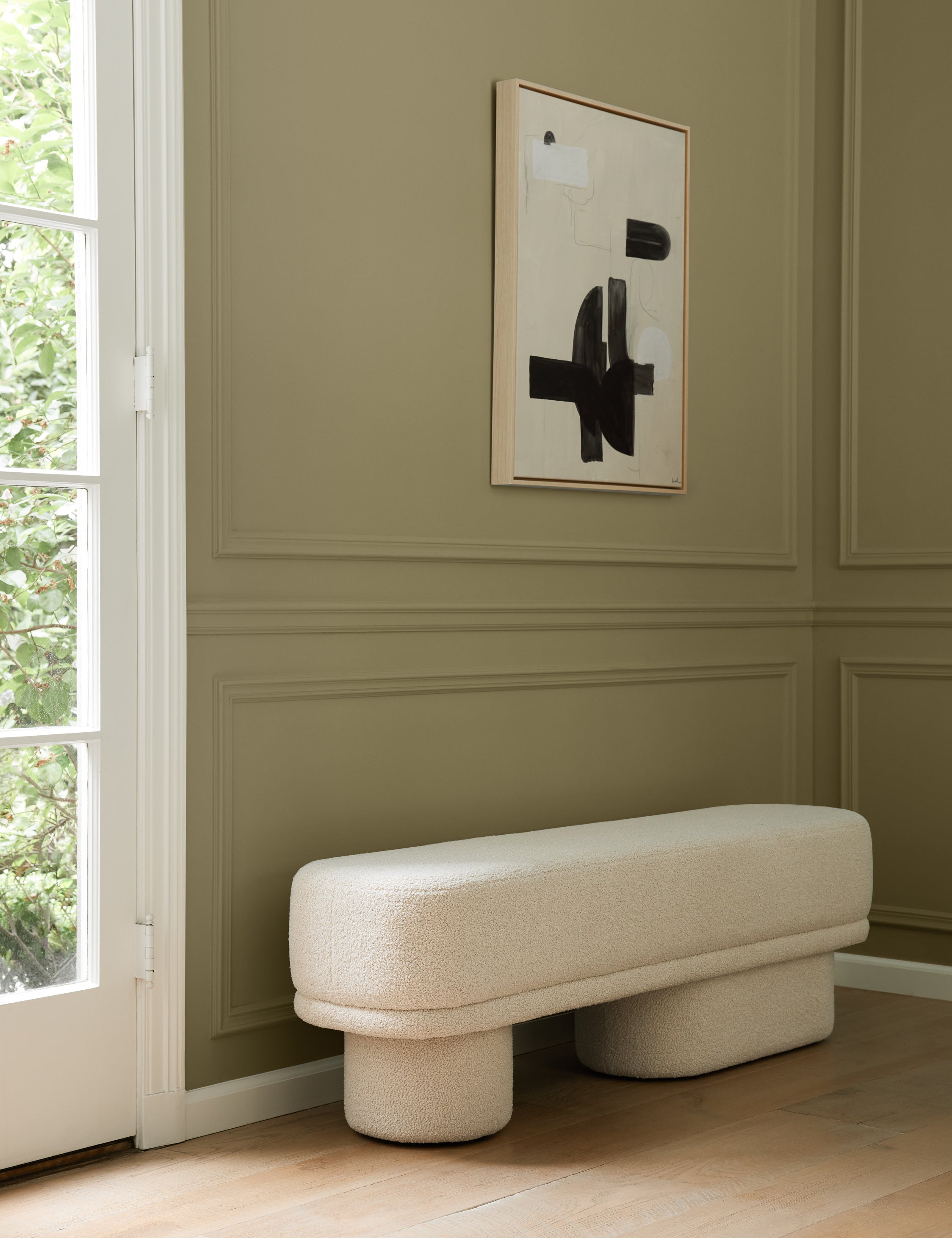  Brooks boucle upholstered bench in an entryway