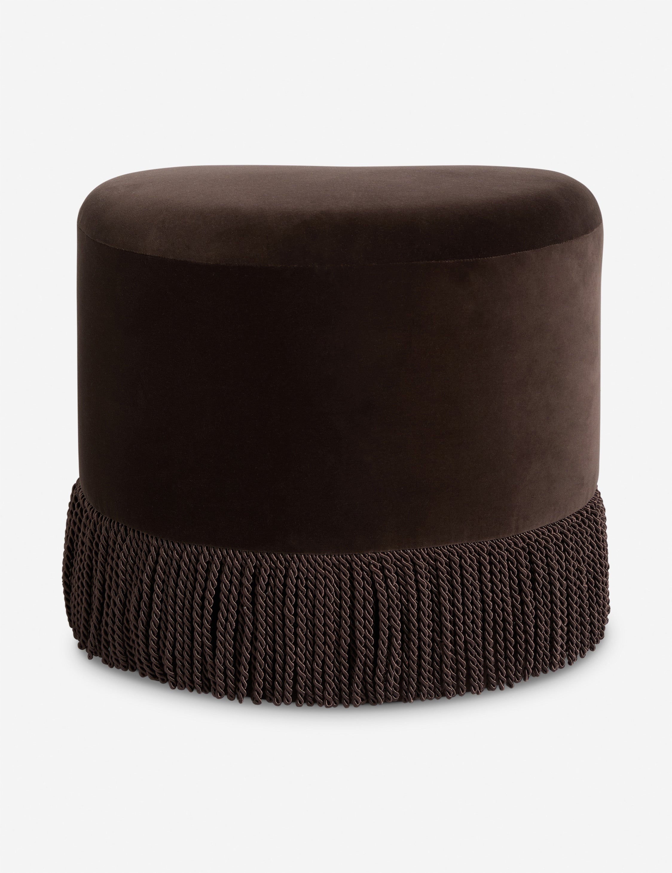 Back view of the Brahm sculptural velvet fringe accent stool by Aimee Song
