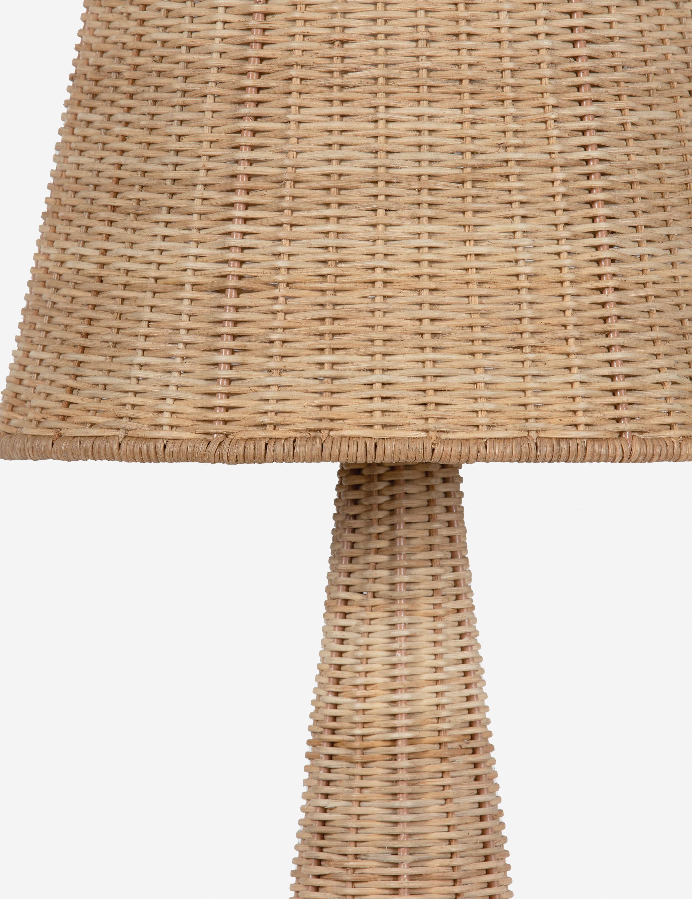Close up of the Southcott tapered woven rattan table lamp