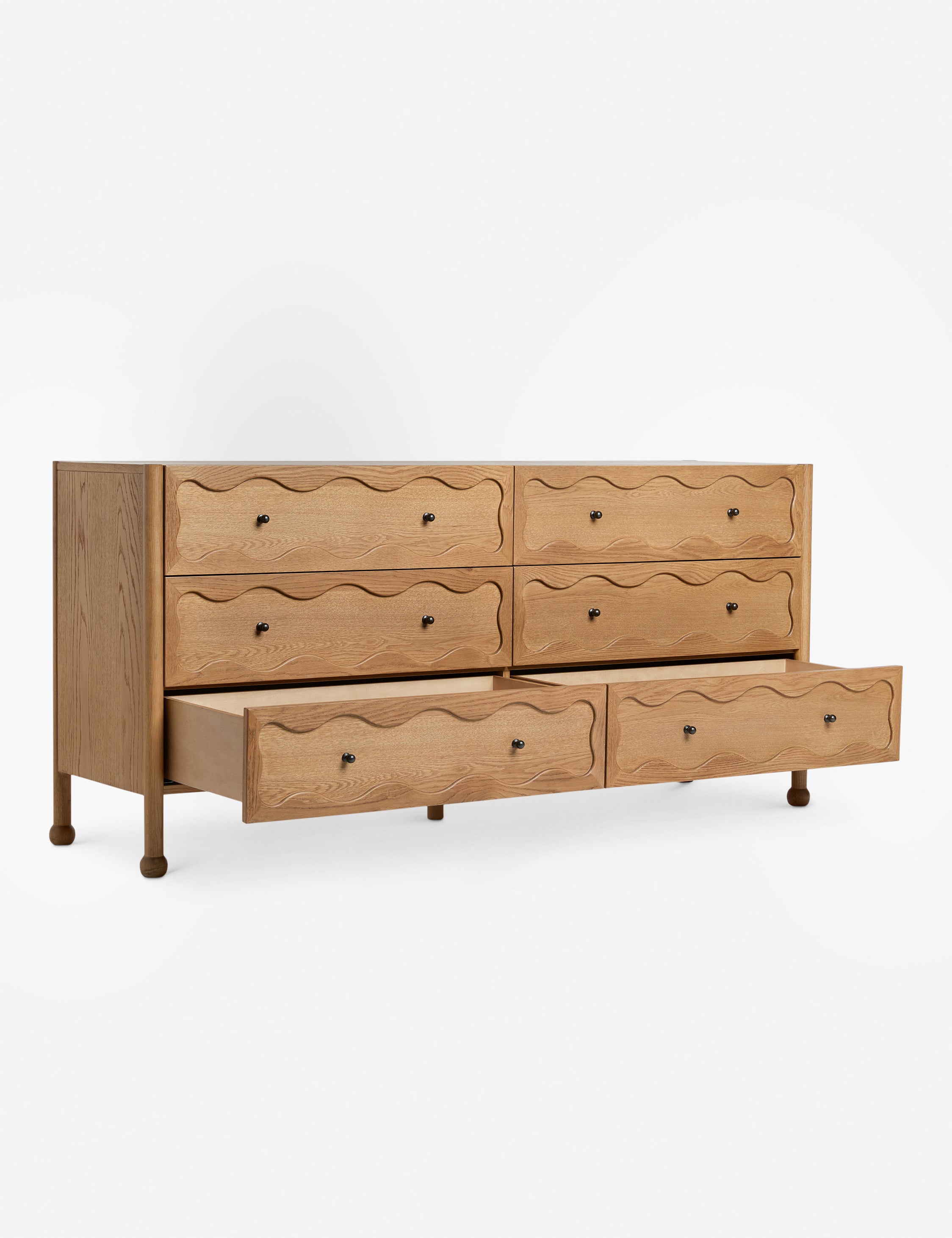 Fontaine wavy detailing solid oak 6-drawer dresser by Aimee Song with both bottom drawers open