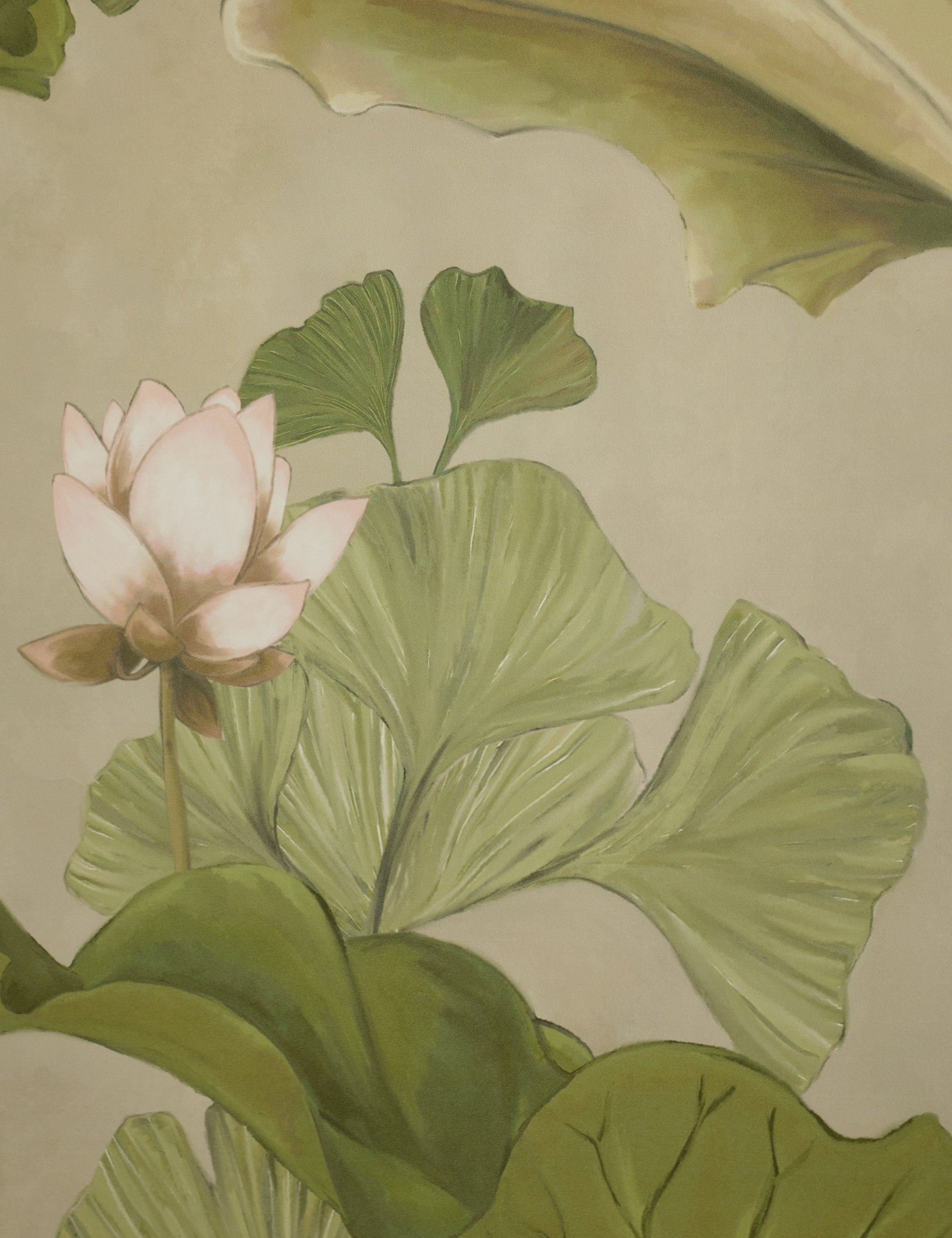 Close up view of the Lotus lush botanical wallpaper by Aimee Song