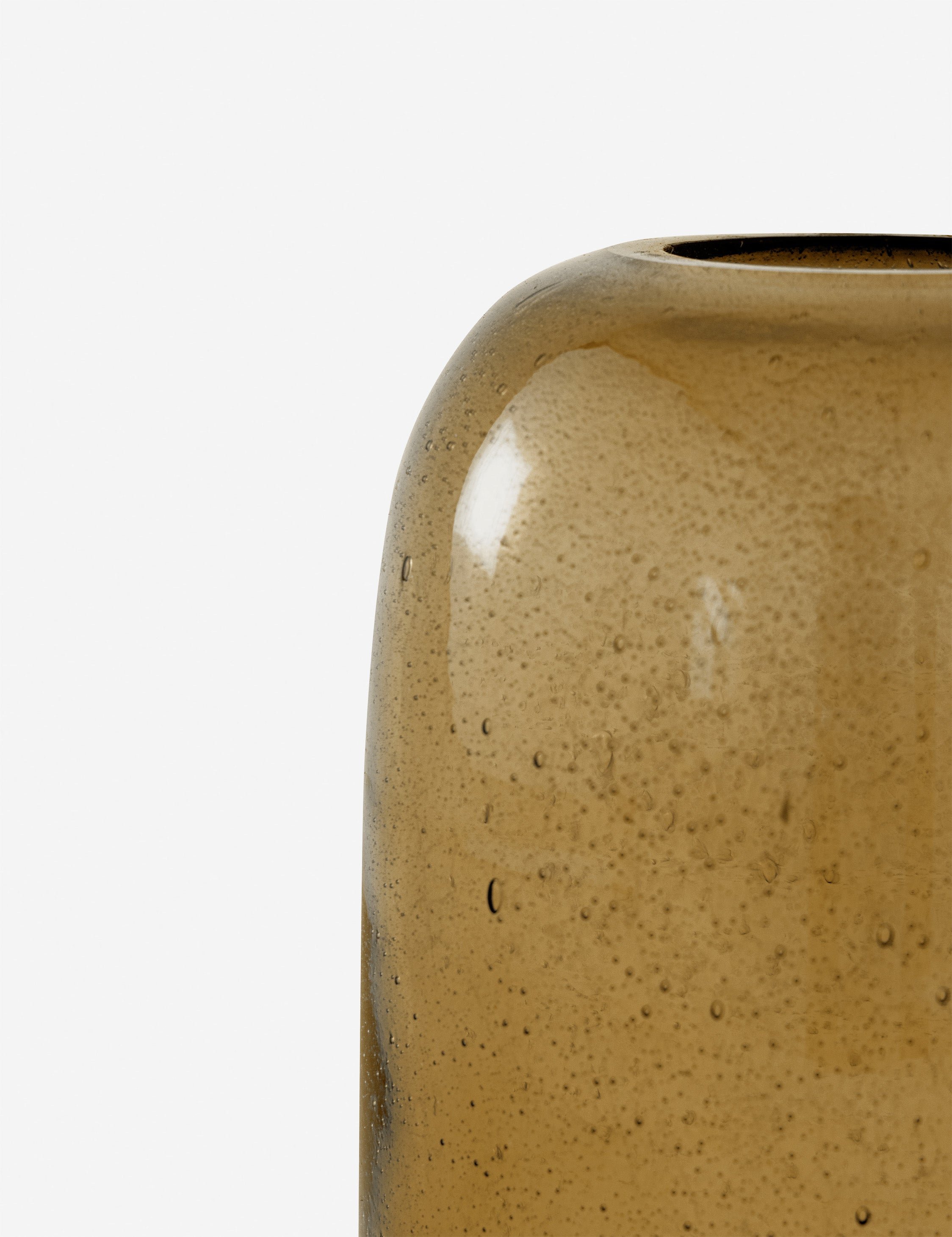 Close up of the Bertie amber bubbled glass cylinder vase