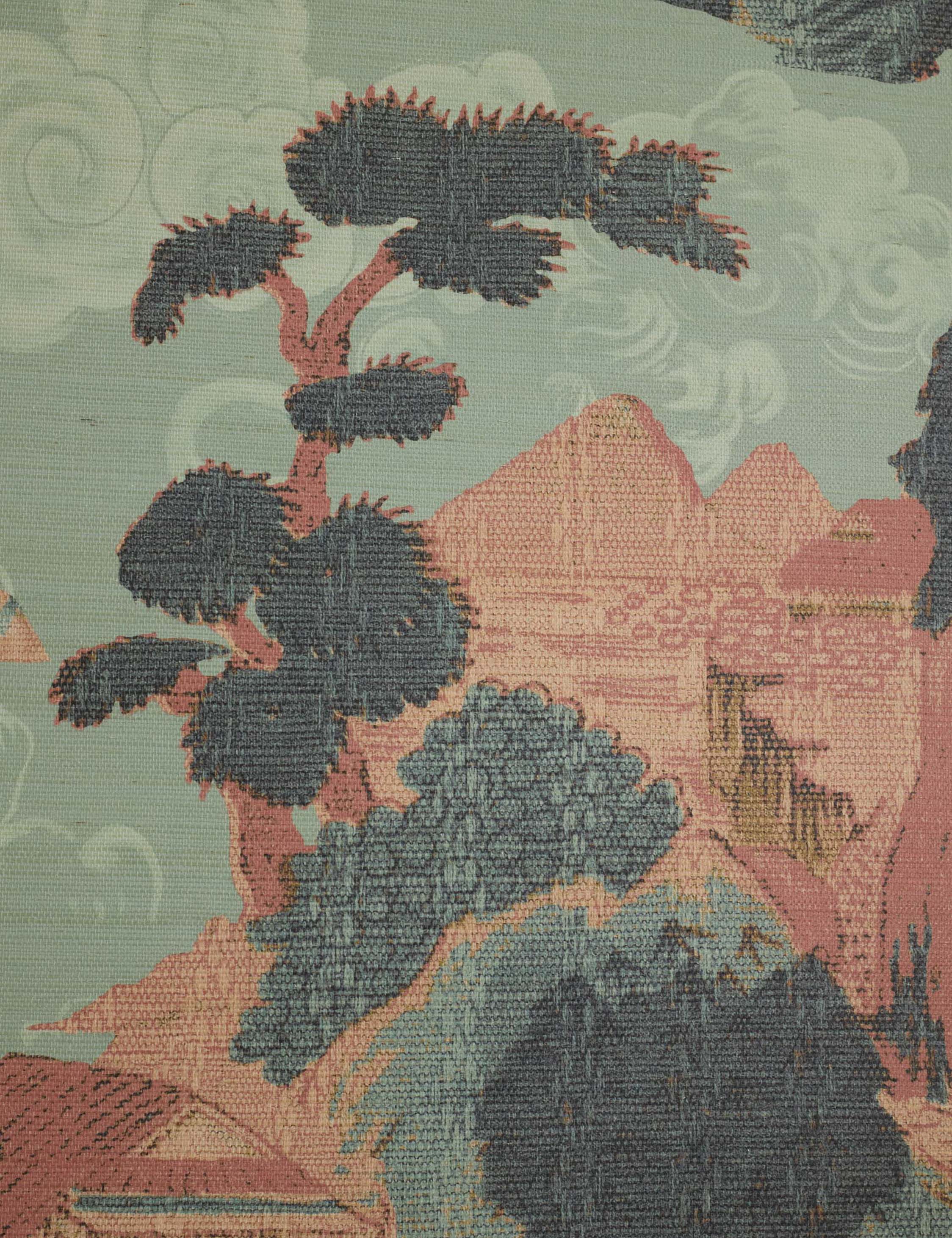 Close up view of the Scenic Landscape woven grasscloth wallpaper by Aimee Song