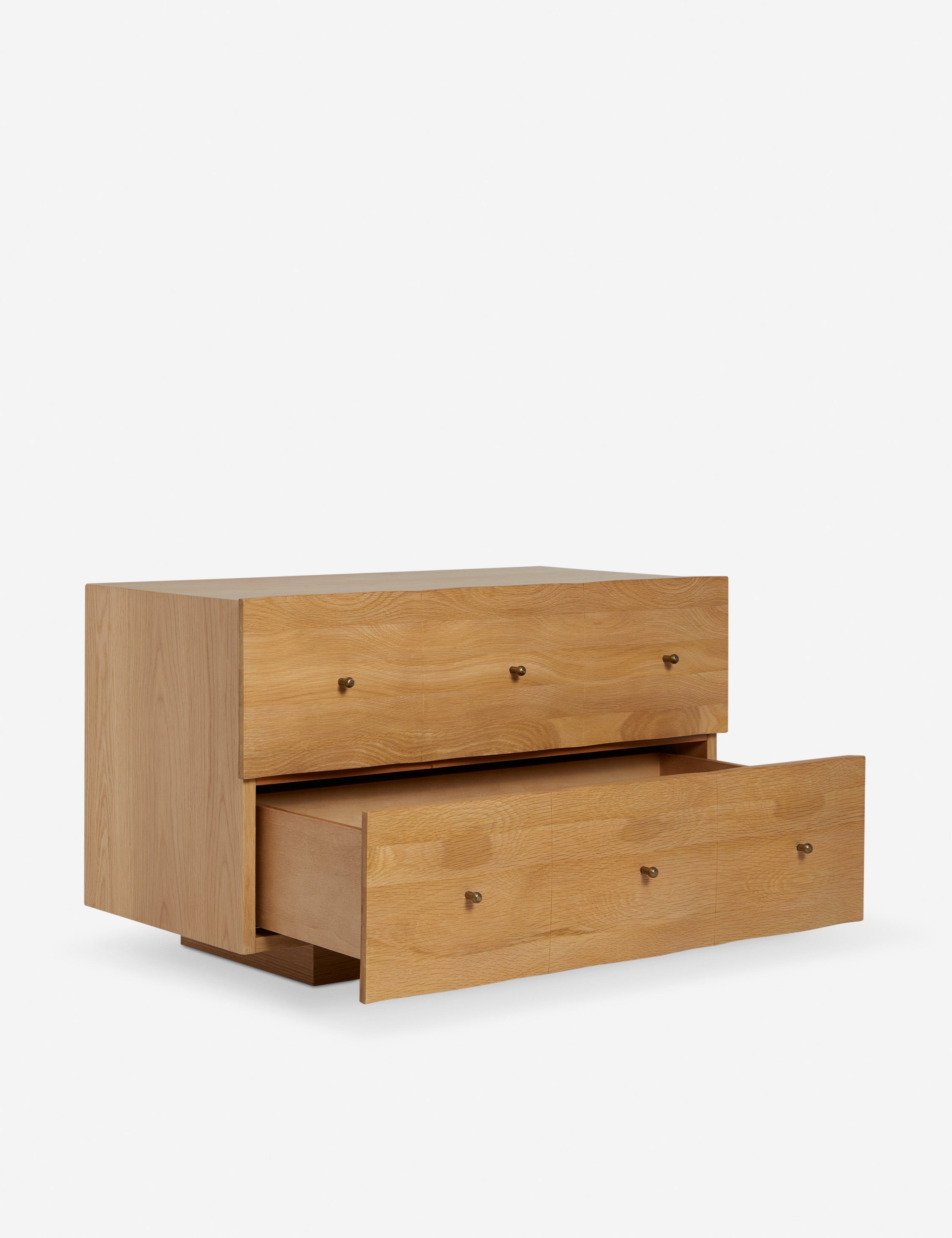 Otelia wide profile two drawer nightstand in natural wood with bottom drawer open