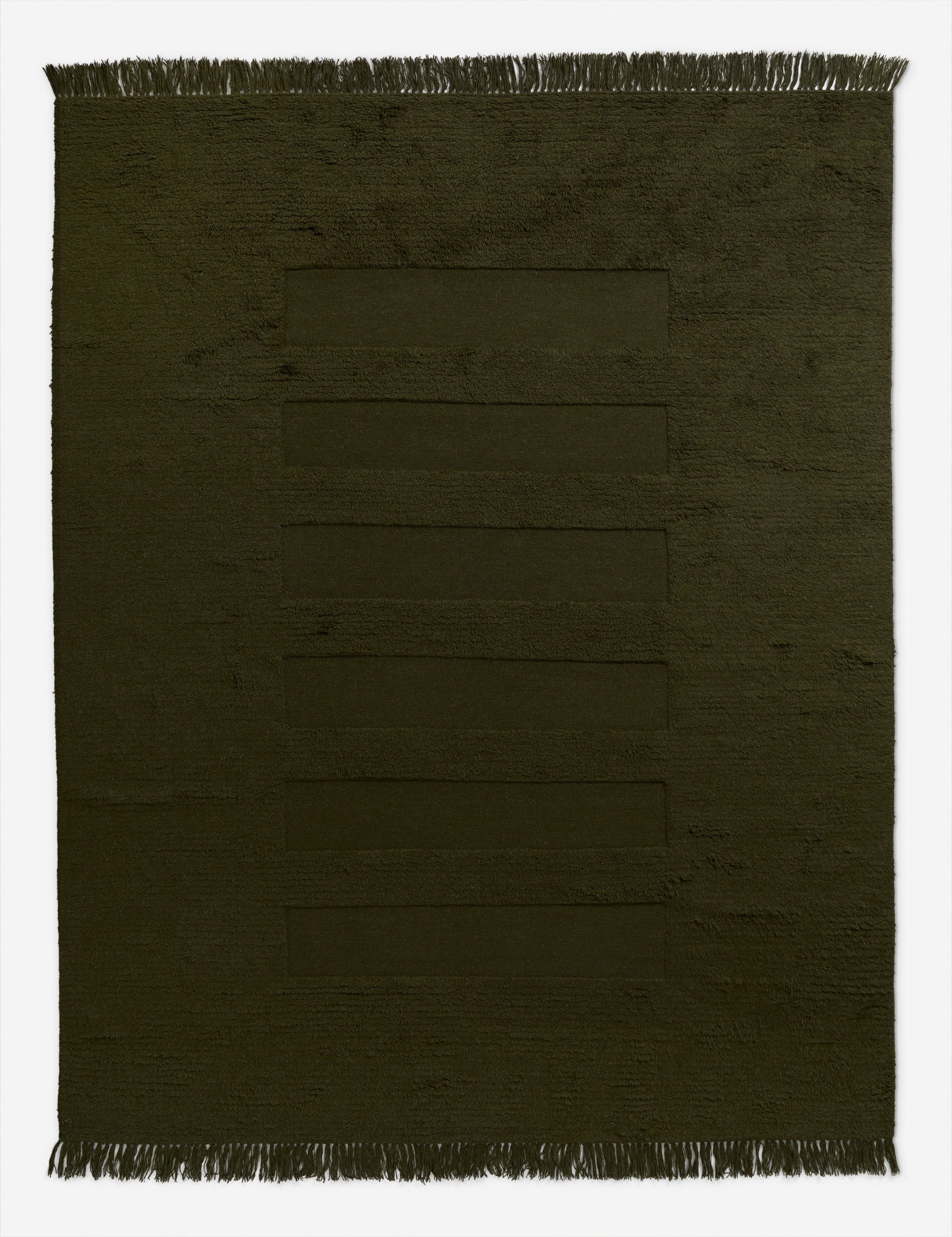 Raita subtle bar patter fringe area rug in moss green