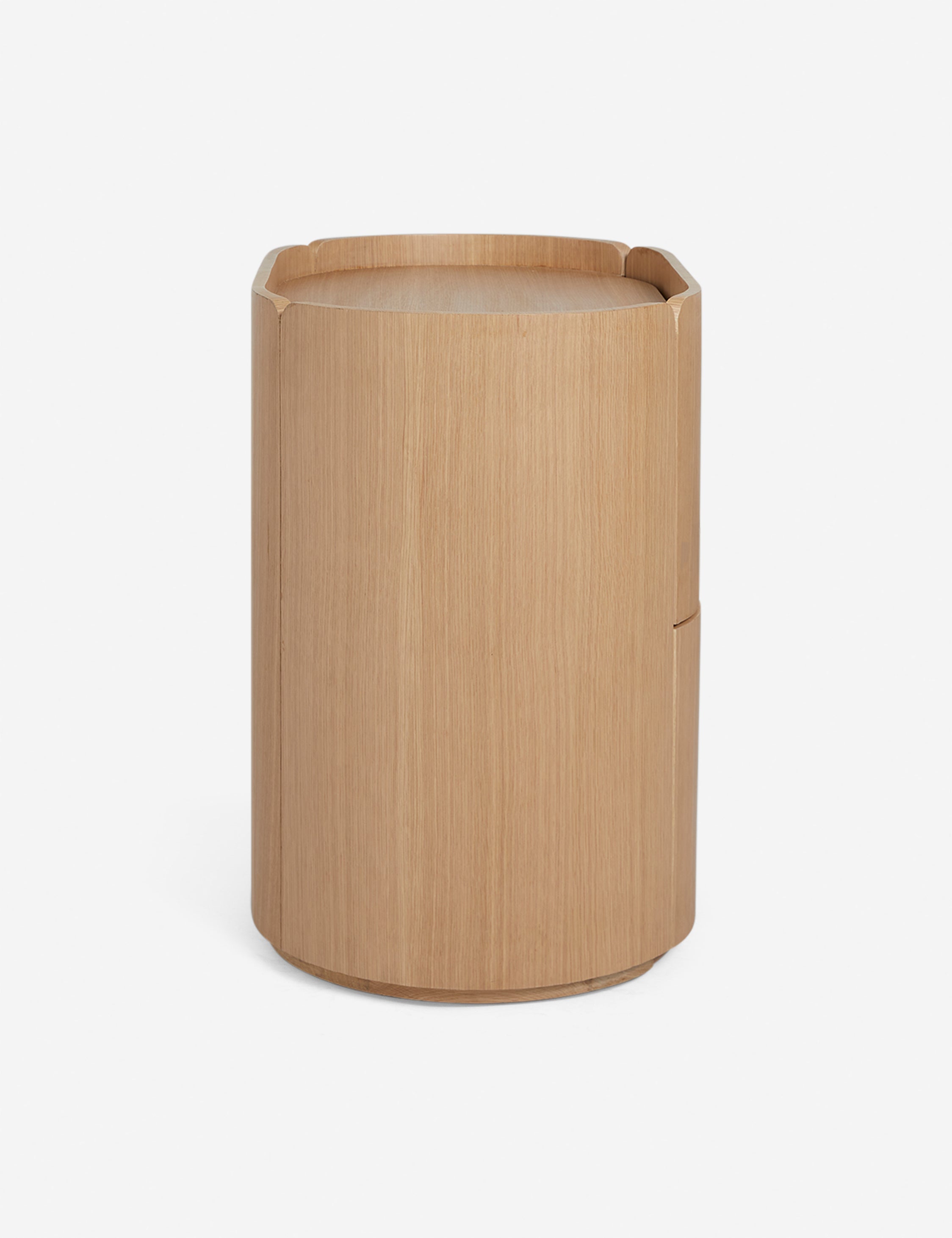 Side view of the Raphael modern rounded natural wood two drawer nightstand