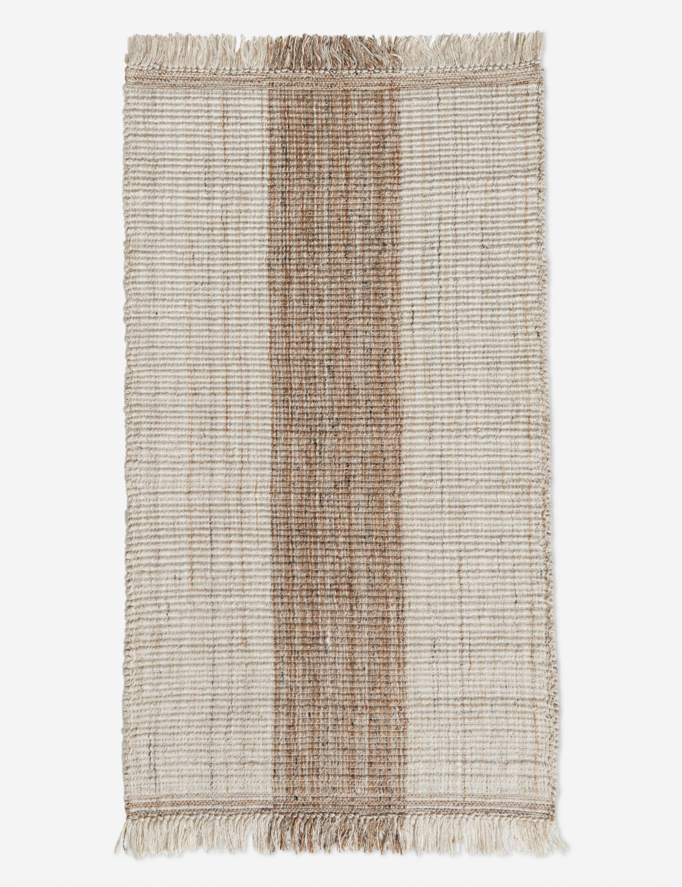 Small Sabriel handwoven large-scale striped fringed outdoor rug.