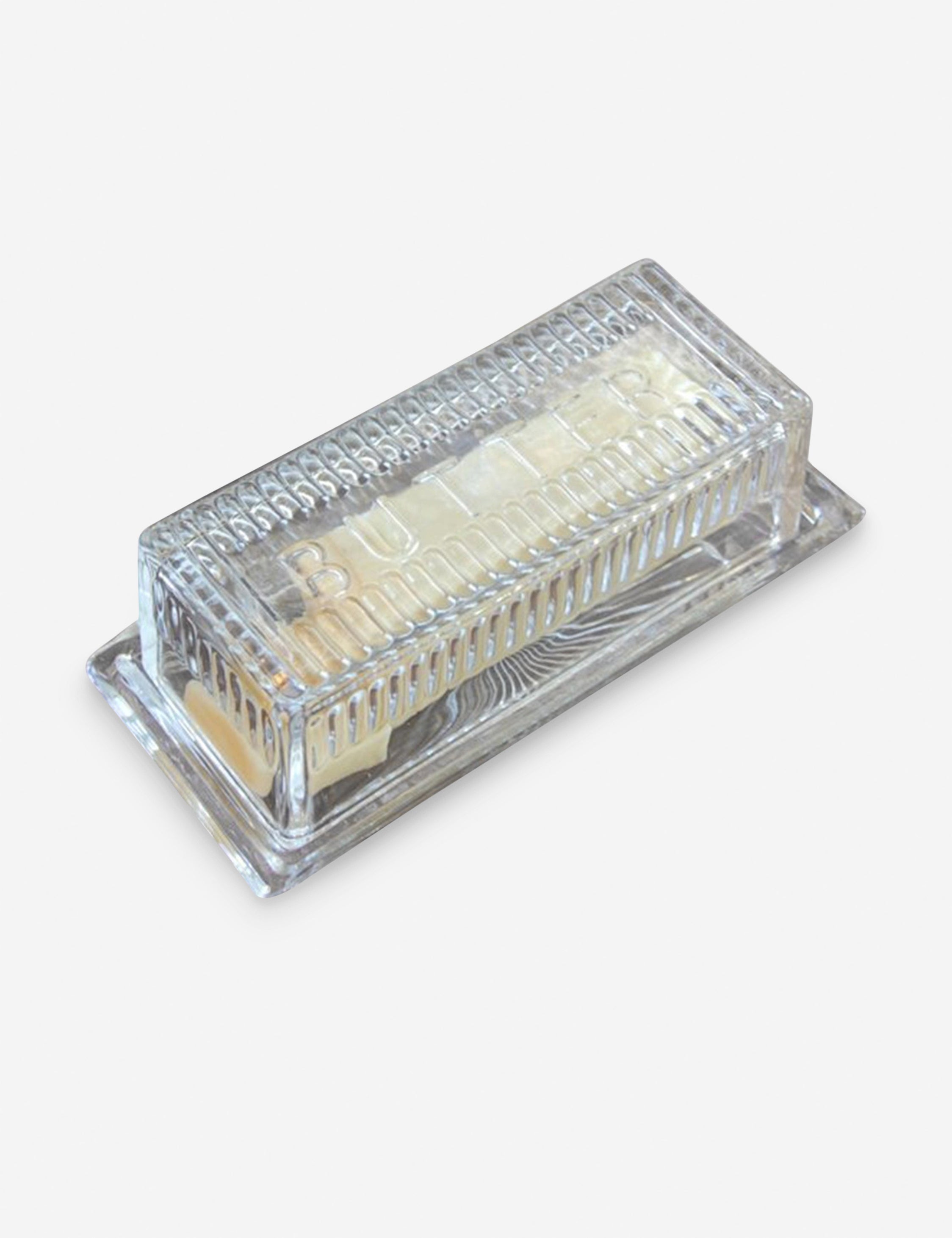 Classic rectangular glass butter dish.