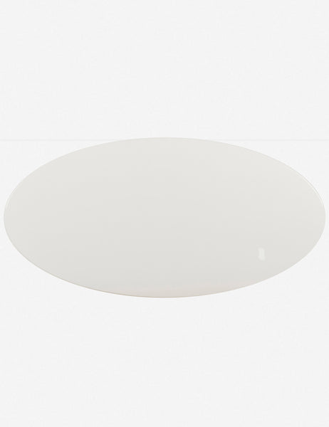 | Bird's-eye view of the Thomas Bina oval coffee table with white laquered top, oak shelf and steel frame