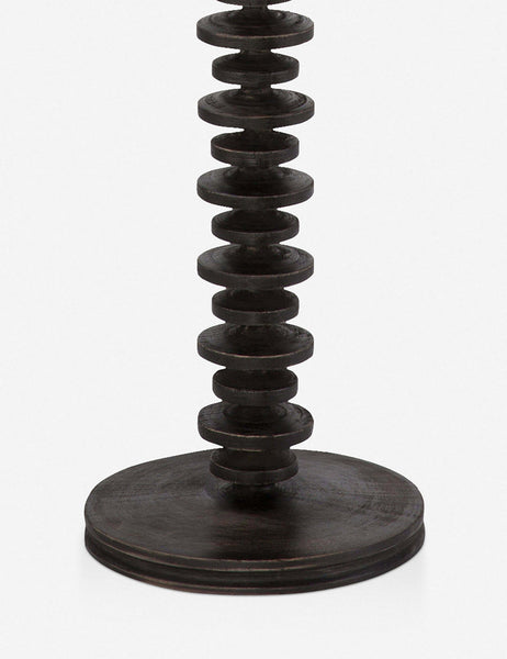 #color::ebony | Close-up of the base of the Fishbone black ebony Floor Lamp by Regina Andrew with a gradated wooden base and linen drum shade