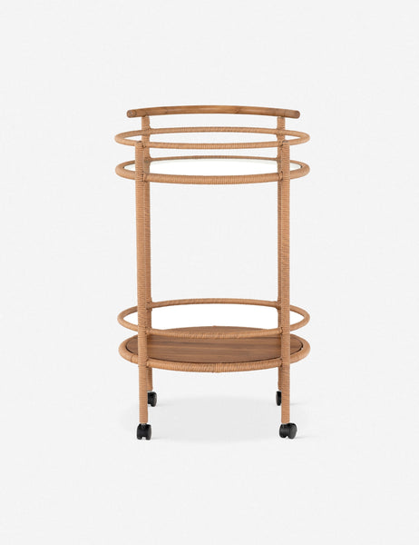| Front view of the Annika round teak rolling outdoor bar cart.