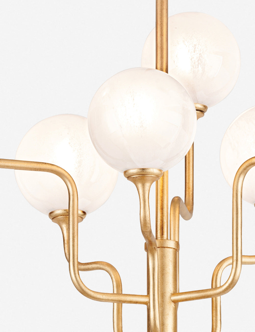 Close-up of the frosted orb lights and gold leaf finish on the Keller 6 light chandelier