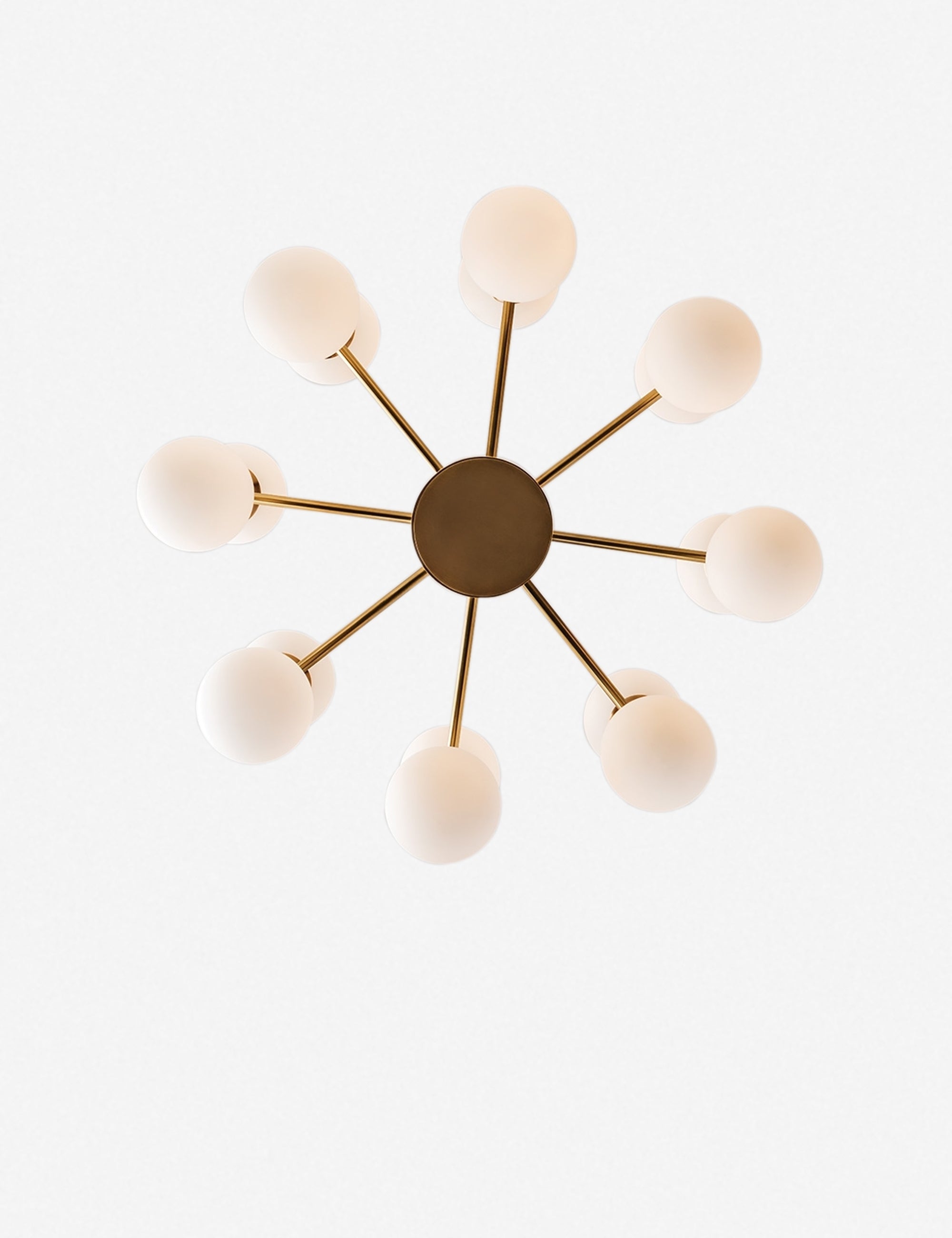Under view of the Abernathy gold wheel-like chandelier with dual-light fixtures