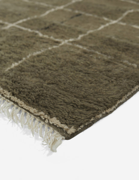color::khaki #size::6--x-9- #size::8--x-10- #size::9--x-12- #size::10--x-14- #size::12--x-15- | Tasseled ends on the Khaki green Irregular Grid Rug by Sarah Sherman Samuel
