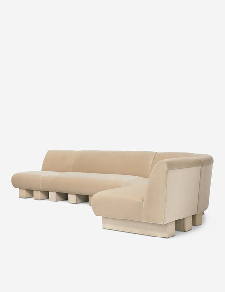 #color::brie-classic-velvet #configuration::right-facing #size::142-W | Angled view of the Lena right-facing beige velvet sectional sofa with upholstered beam legs 
