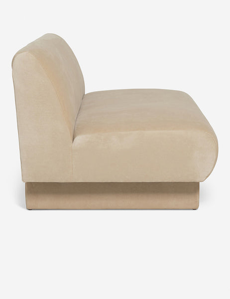 #color::brie-classic-velvet #configuration::left-facing #configuration::right-facing #size::142-W #size::114-W | Side view of the  Centerpiece of the Lena beige velvet sectional sofa with upholstered beam legs