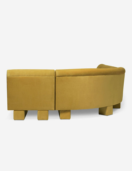 #color::goldenrod-plush-velvet #configuration::left-facing #size::142-W | Rear view of the side of the Lena left-facing yellow velvet sectional sofa with upholstered beam legs.