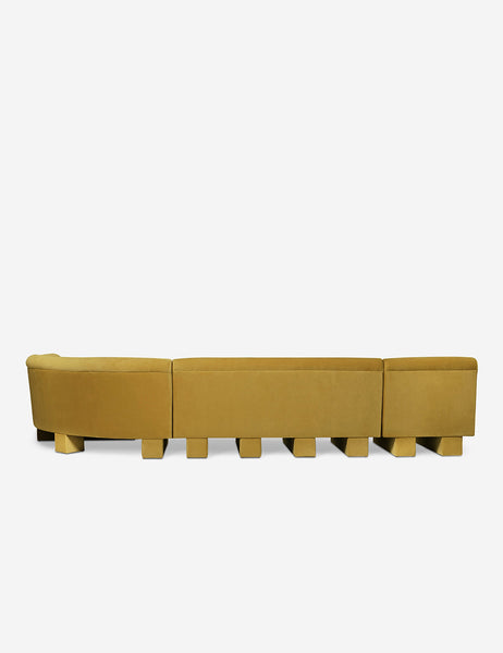 #color::goldenrod-plush-velvet #configuration::right-facing #size::142-W | Rear view of the side of the Lena right-facing yellow velvet sectional sofa with upholstered beam legs.