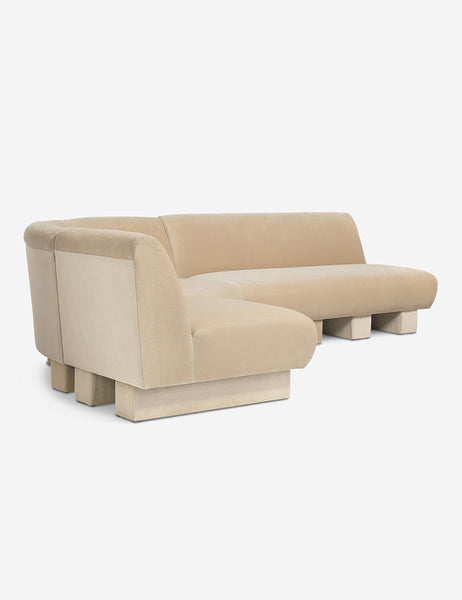 #color::brie-classic-Velvet #configuration::left-facing #size::114-W | Angled view of the Lena left-facing beige velvet sectional sofa with upholstered beam legs.