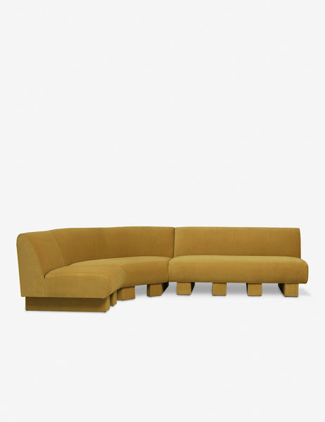 #color::goldenrod-plush-velvet #configuration::left-facing #size::114-W | Lena left-facing yellow velvet sectional sofa with upholstered beam legs.