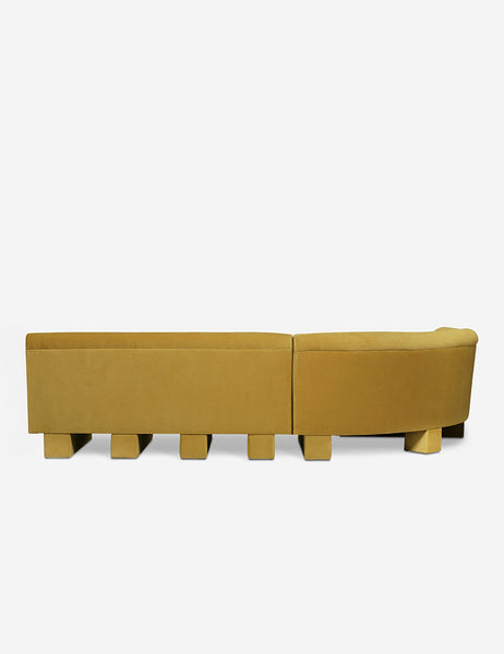#color::goldenrod-plush-velvet #configuration::left-facing #size::114-W | Rear view of the entire Lena left-facing yellow velvet sectional sofa with upholstered beam legs.