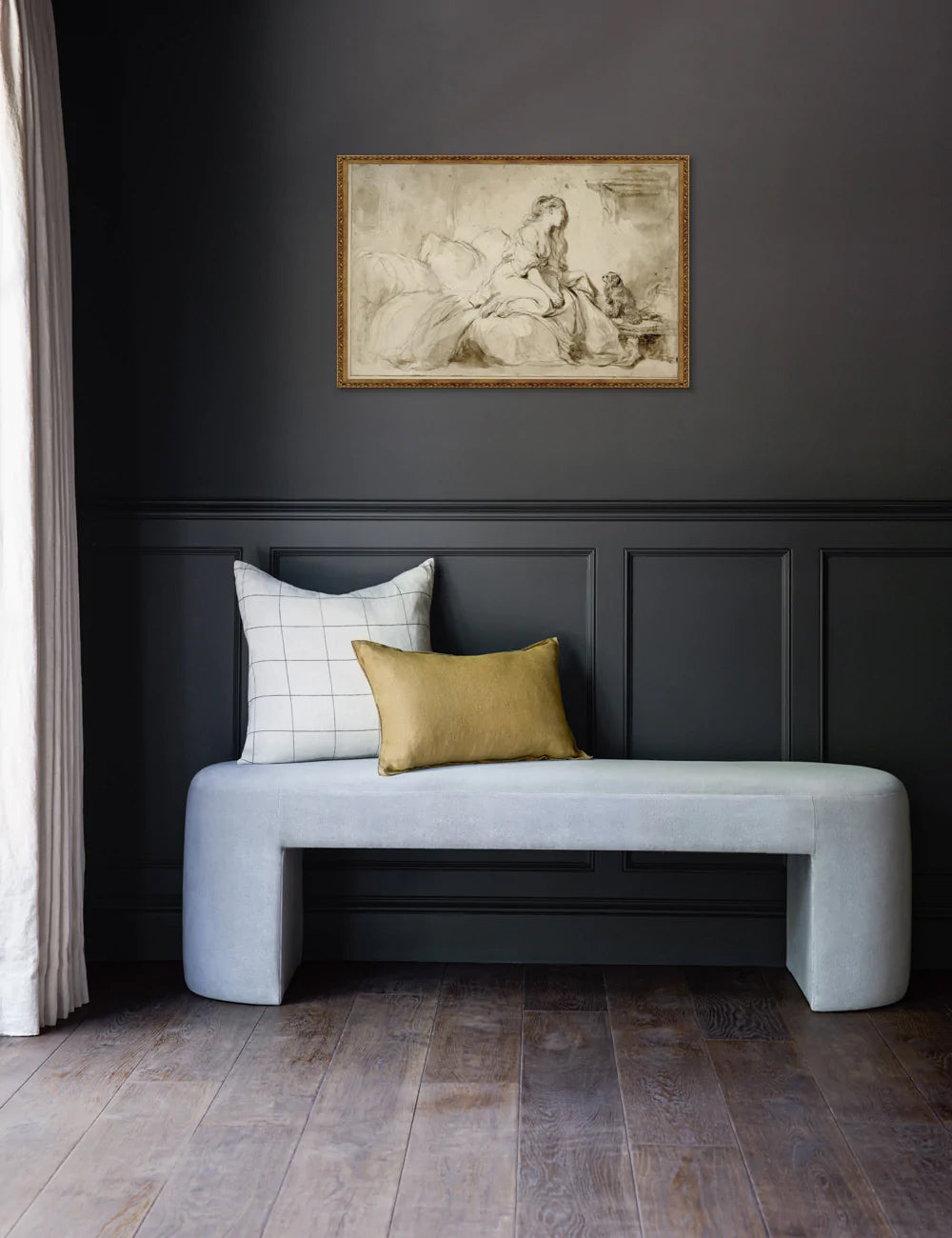 The Oh! IF Only He Were as Faithful to Me black chalk and brush Wall Art by Jean-Honoré Fragonard is hung in a black painted room atop a light blue velvet bench with accented throw pillows