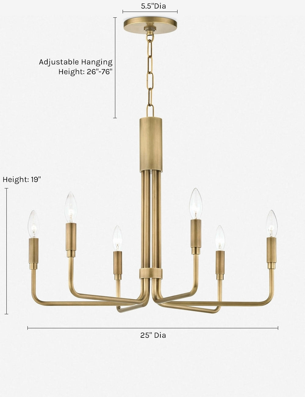 Dimensions on the Alexane aged-brass six light Chandelier with candelabra-style bulbs