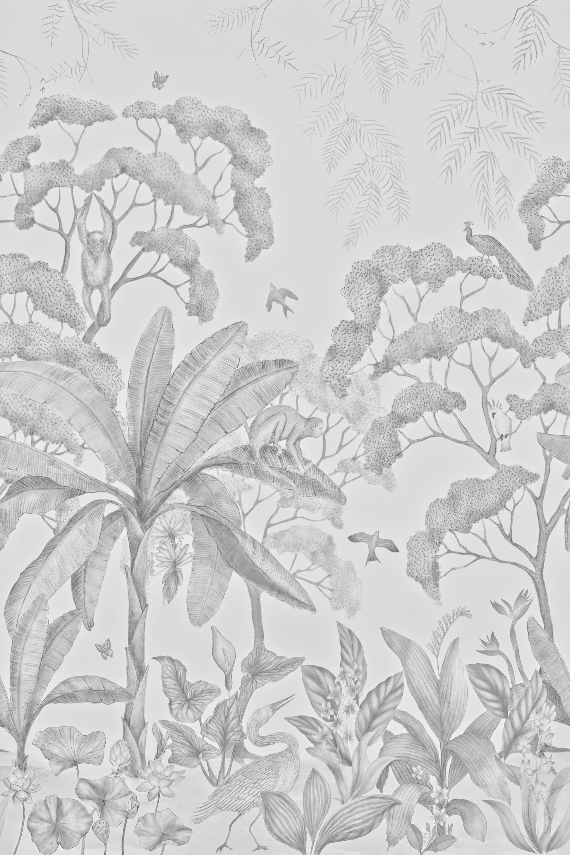 Full view of the Jungle Wallpaper mural in the black and white color.