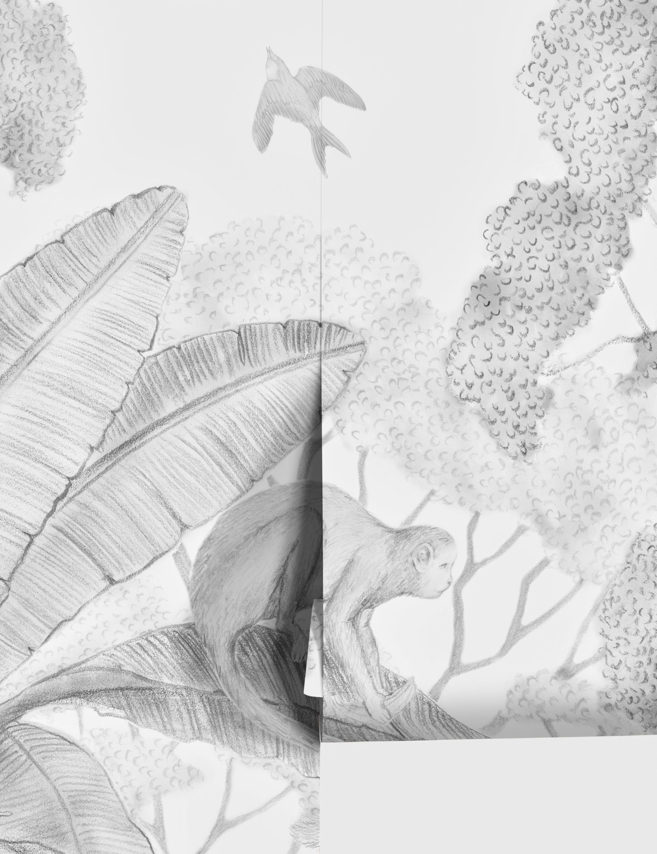 Close up of Jungle Wallpaper Mural in black and white color.