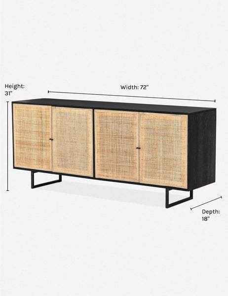 #color::black-and-natural | Dimensions on the Hannah black mango wood sideboard with cane doors and an iron base.