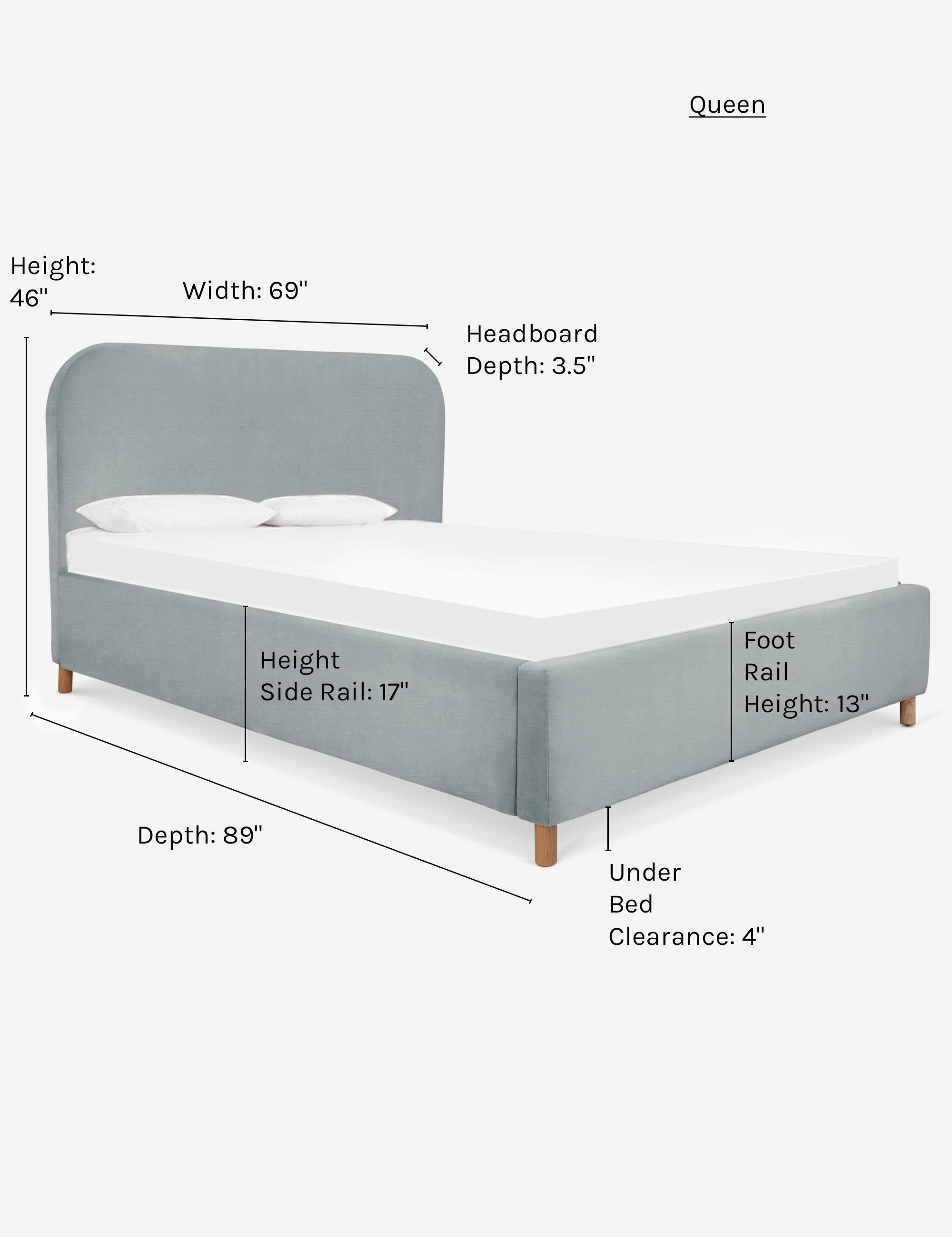 Dimensions on the queen size Solene Dove light blue velvet platform bed