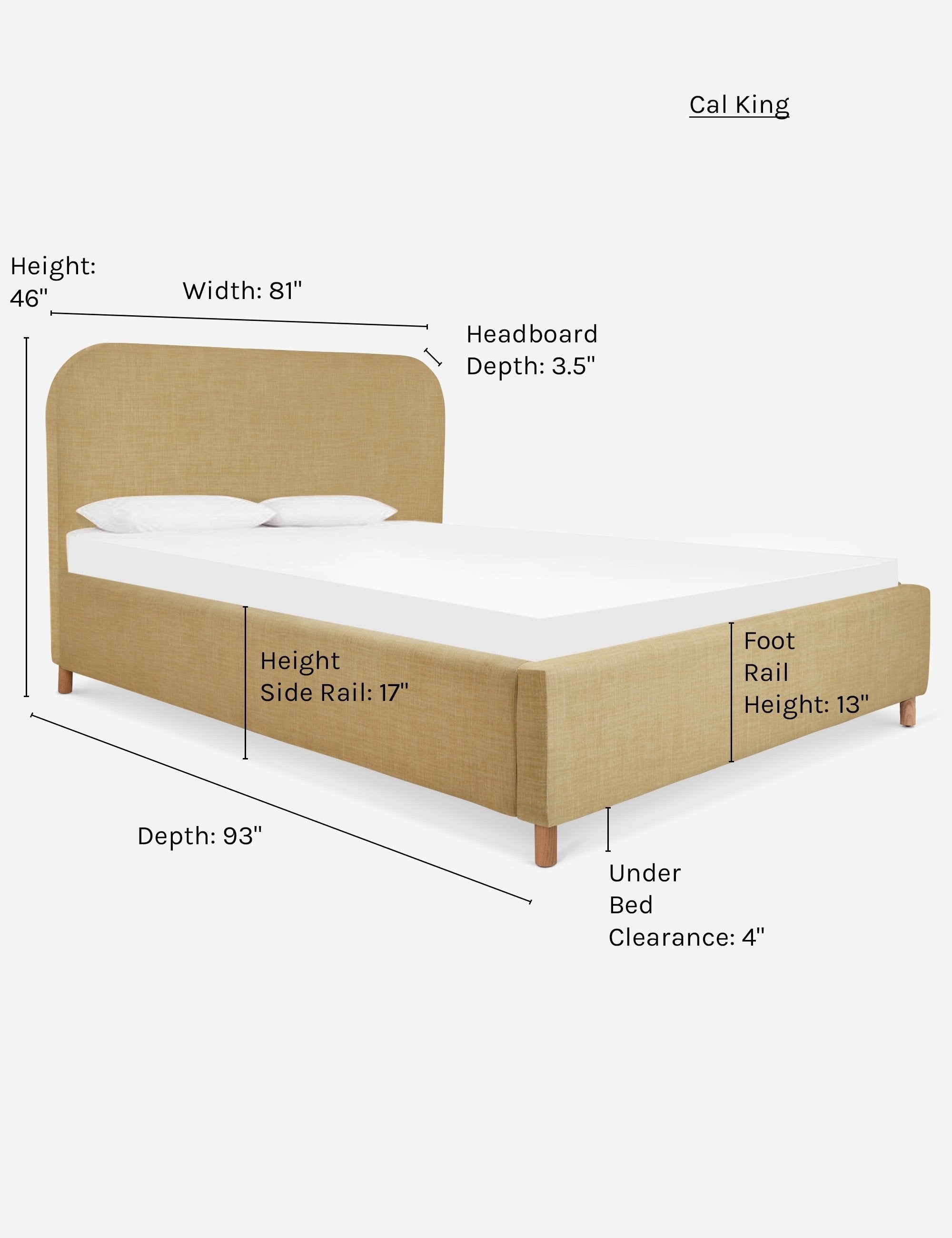 Dimensions on the California king size Solene Wheat yellow linen platform bed