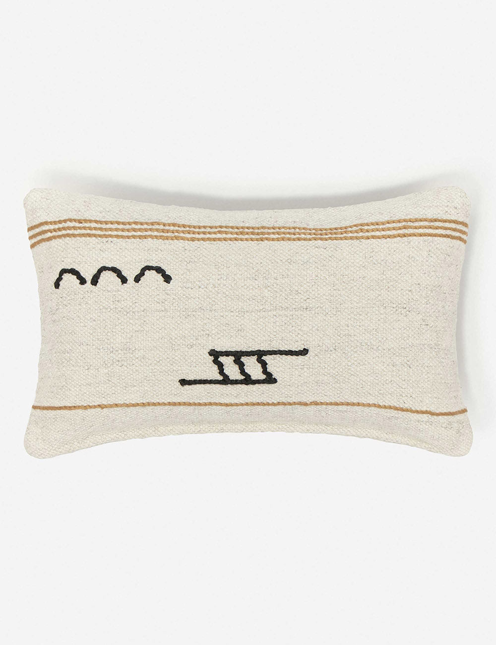 Iconic ivory stripe lumbar pillow with orange stripes and black symbols by Sarah Sherman Samuel