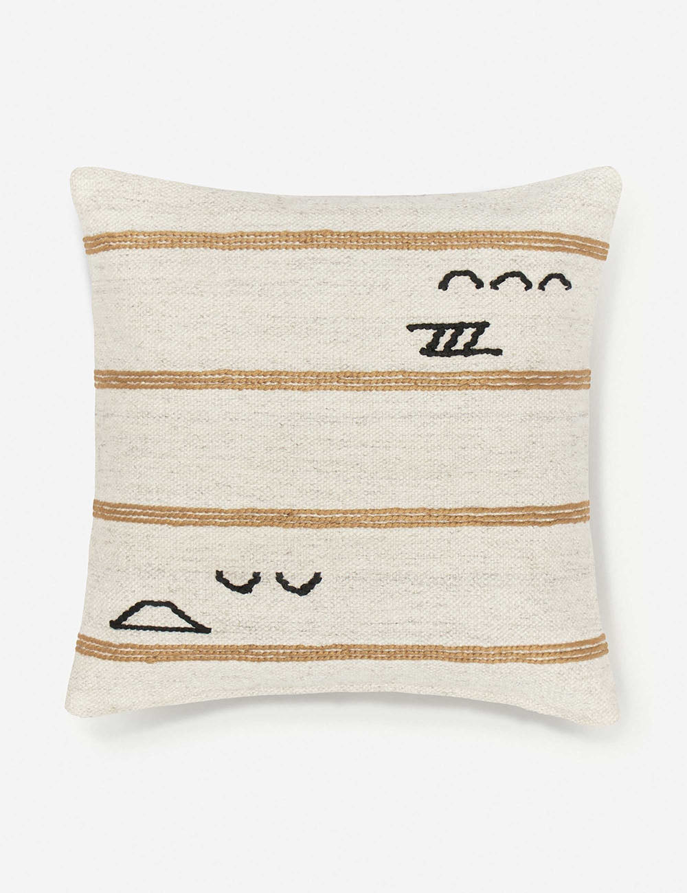 Iconic ivory stripe square pillow with orange stripes and black symbols by Sarah Sherman Samuel